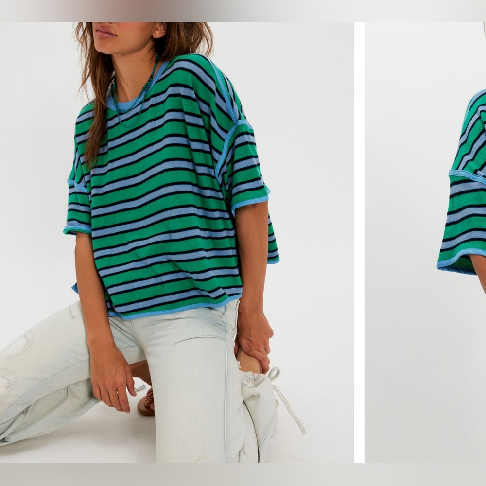 NWOT Free People We The Free Clean Rugby Tee - clover combo green blue - Small - Picture 3 of 10